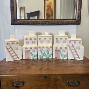 Vintage Southwestern Village Canister Set Pueblo Adobe Ceramic Pottery 5 Jar Set
